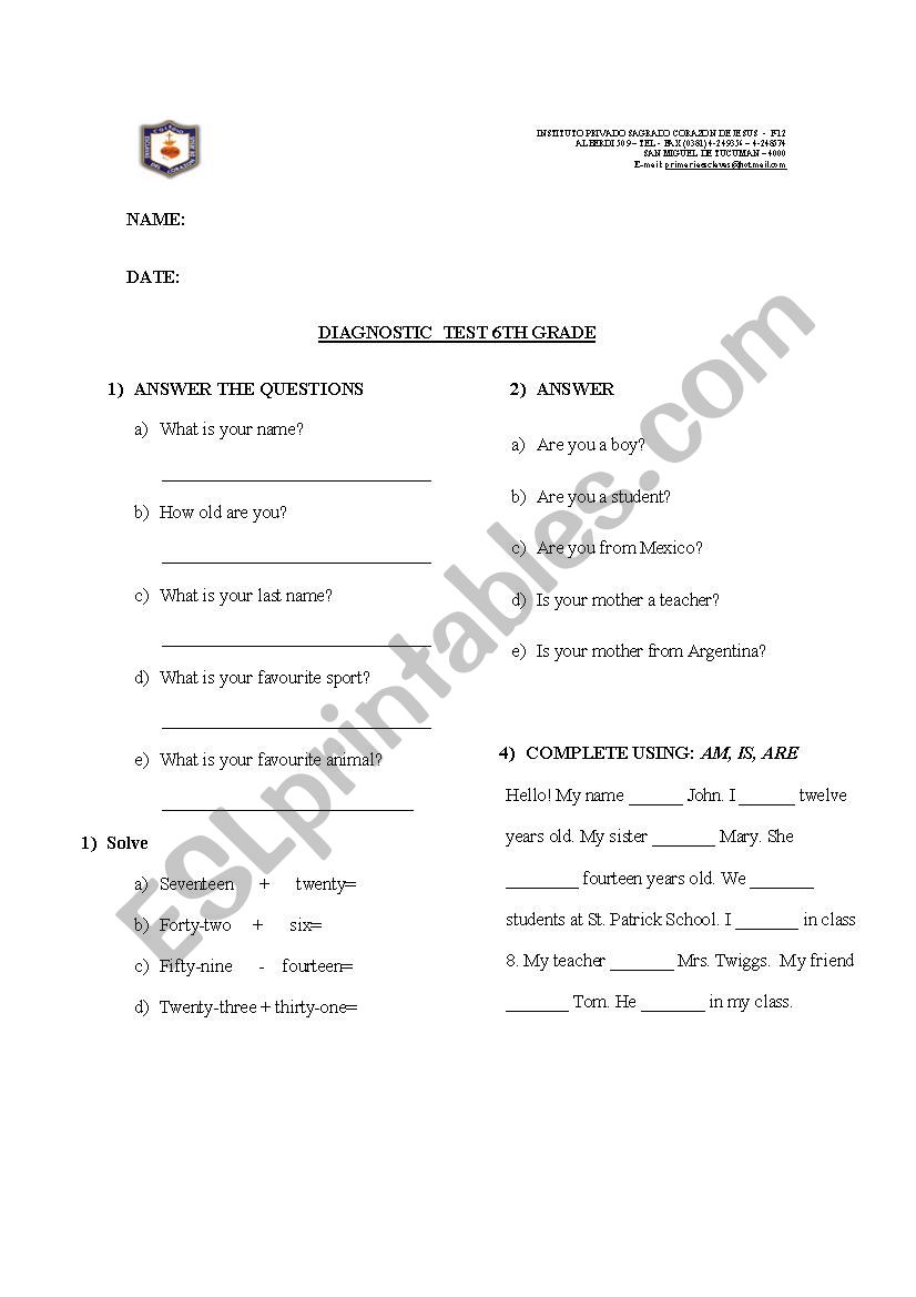 diagnostic test worksheet