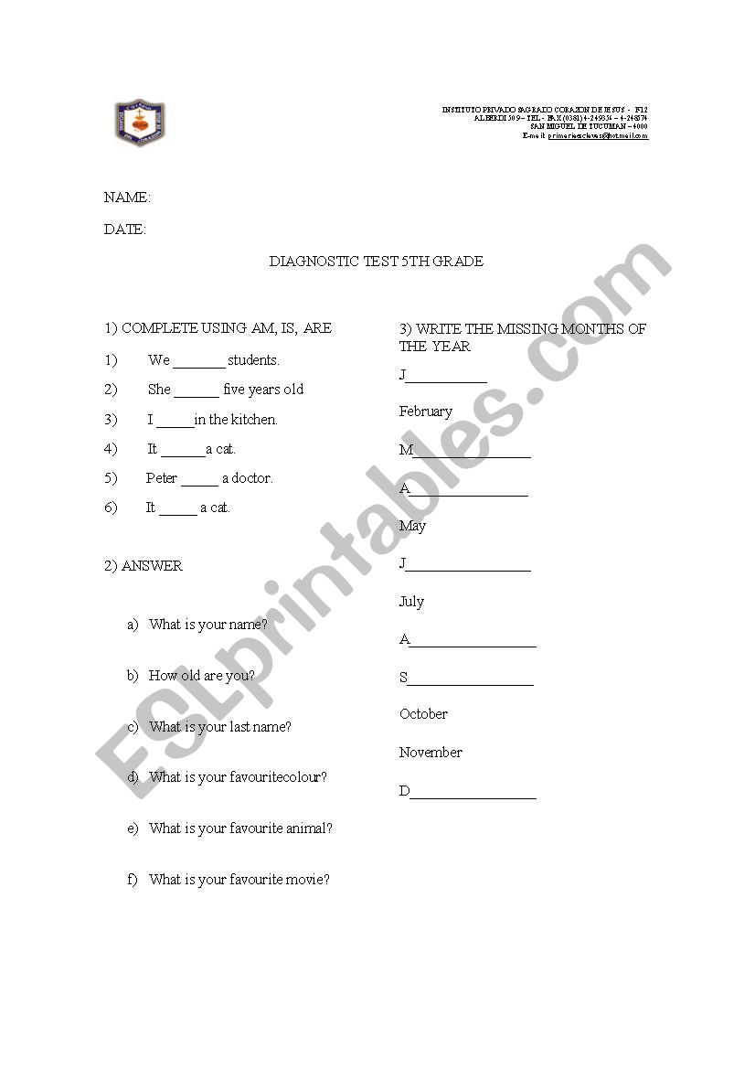 diagnostic test 5th grade worksheet