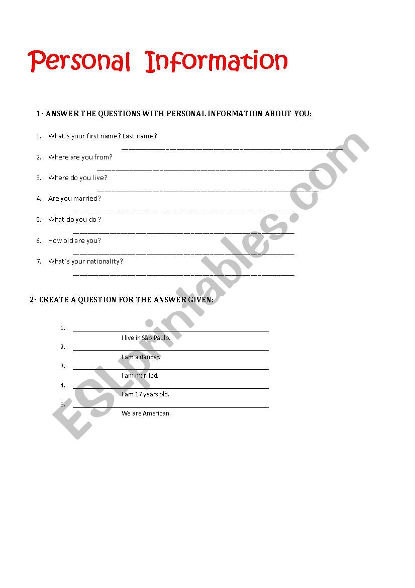 Personal Information worksheet