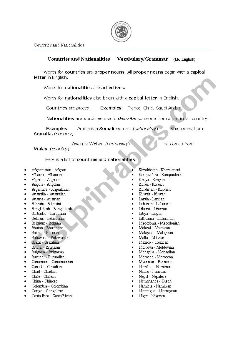 Countries and Nationalities worksheet