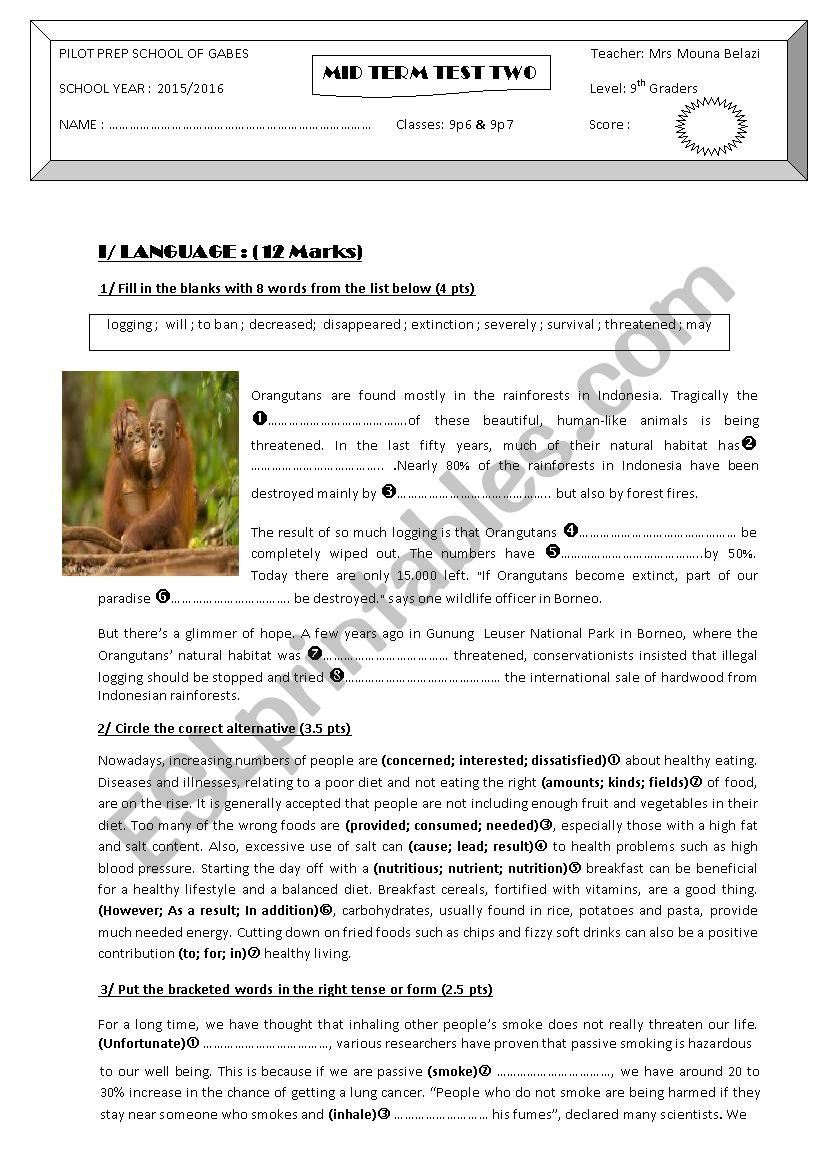 mid term test 2 9th form worksheet