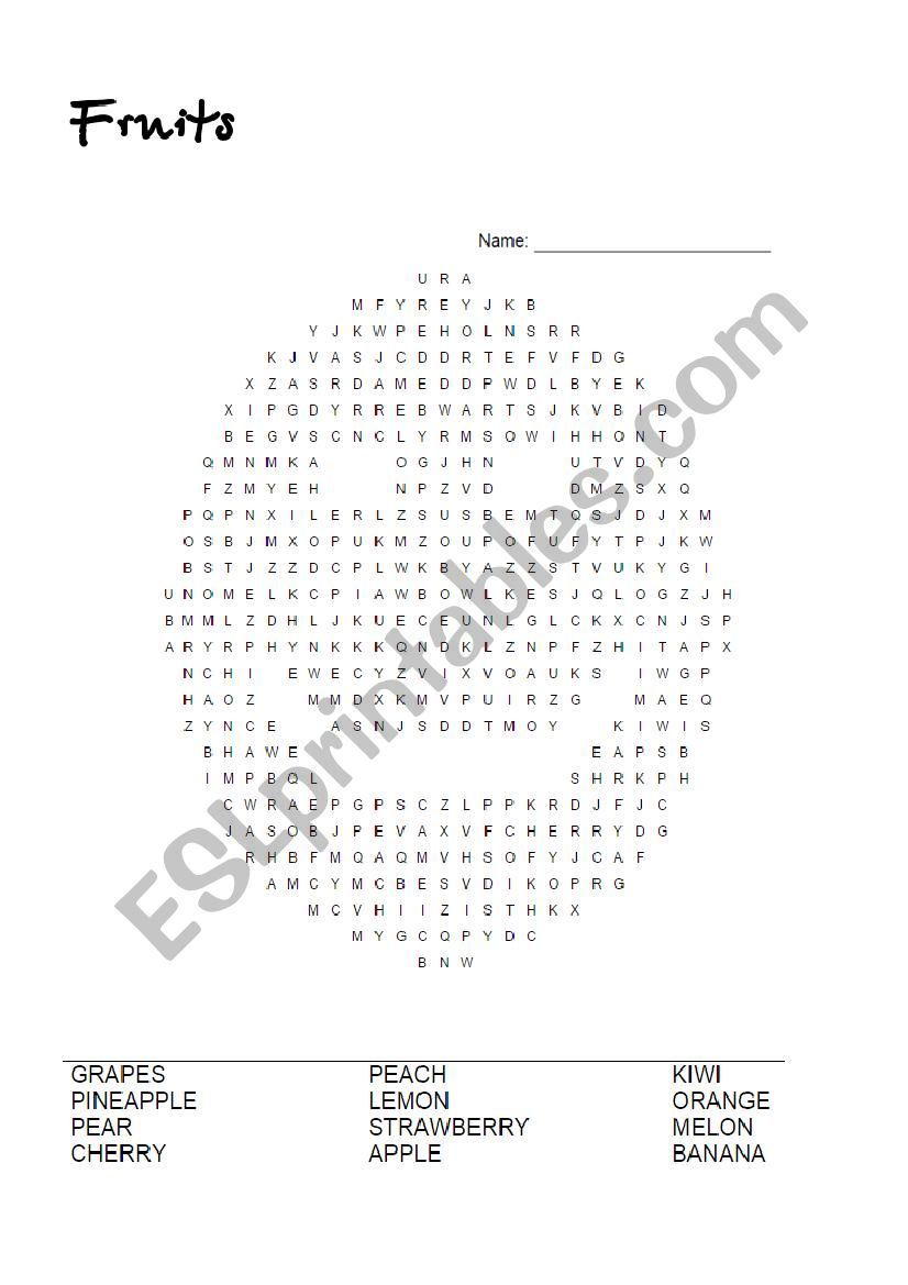 Fruits (2) WORD SEARCH with answer key