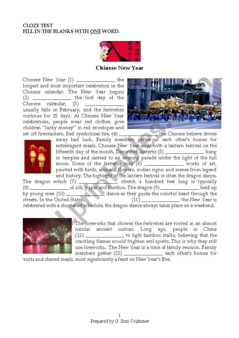 Chinese New Year-Cloze test worksheet