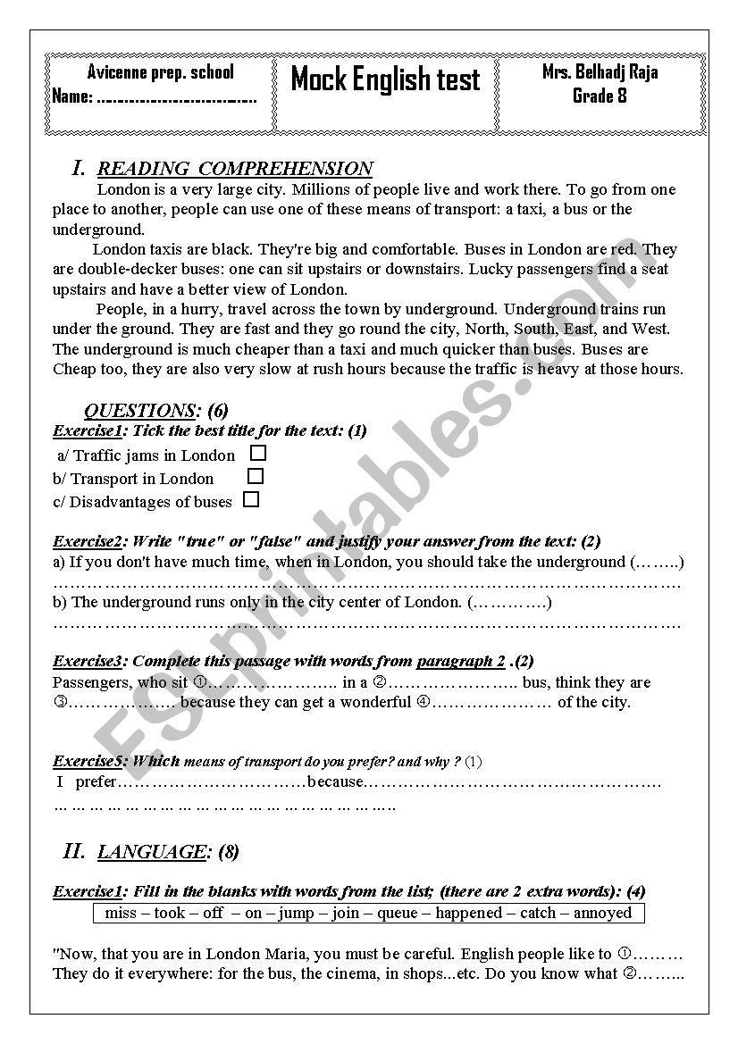 end of term test 2 grade 8 Tunisian programme