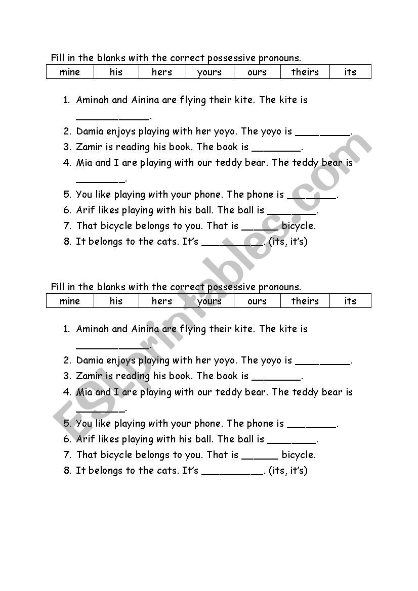 possessive pronouns worksheet