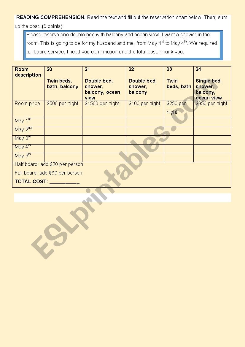 Hotel reservation by e-mail worksheet