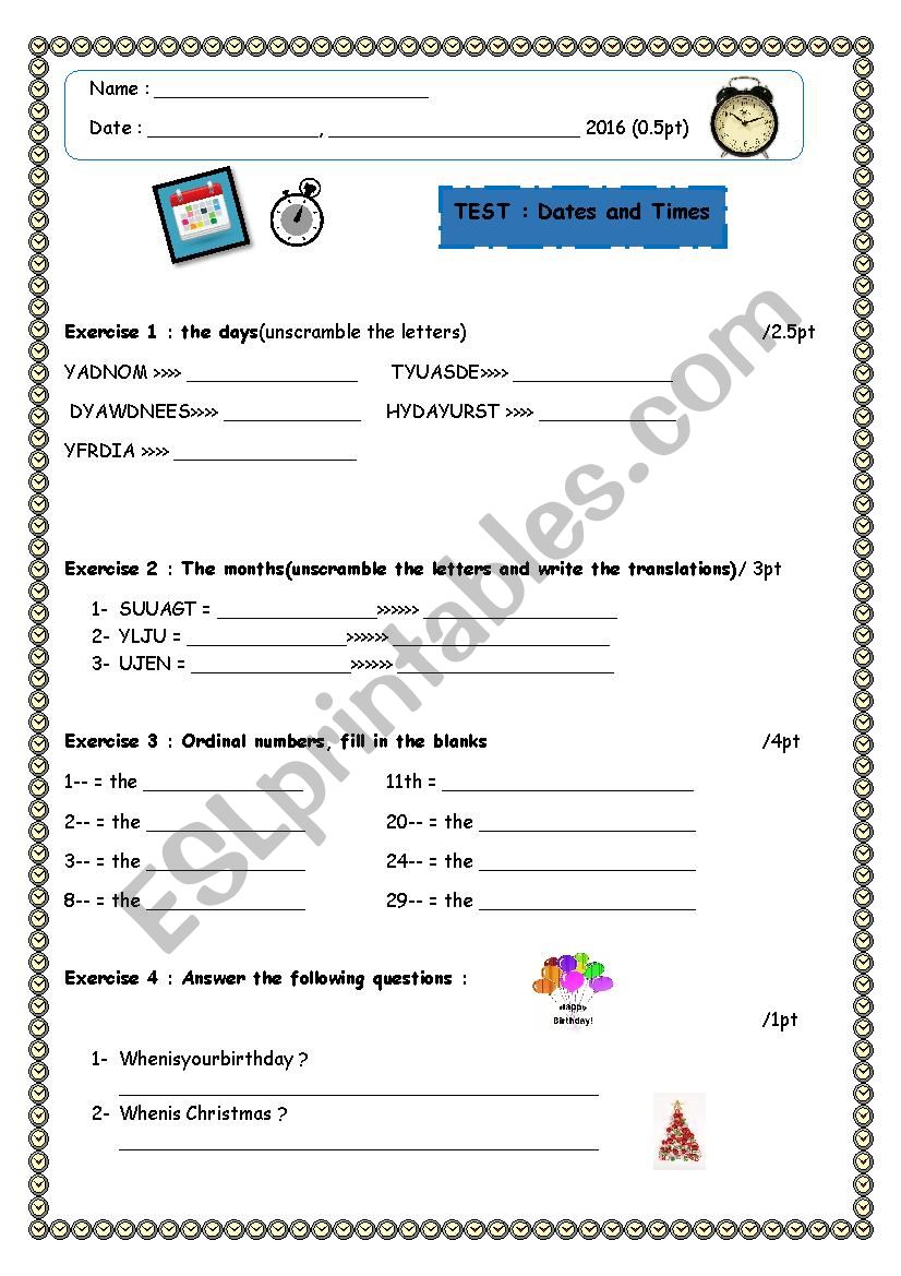 Test about dates and times worksheet