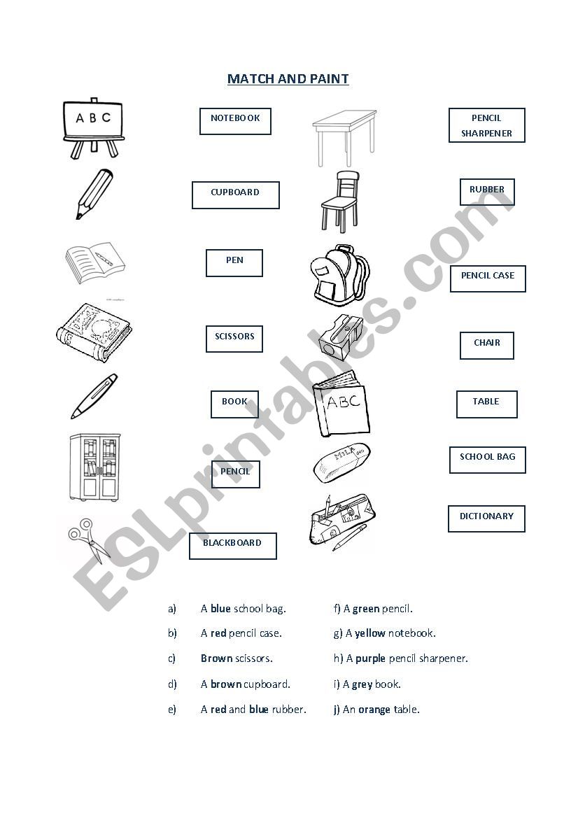 Classroom Objects - Match and Paint