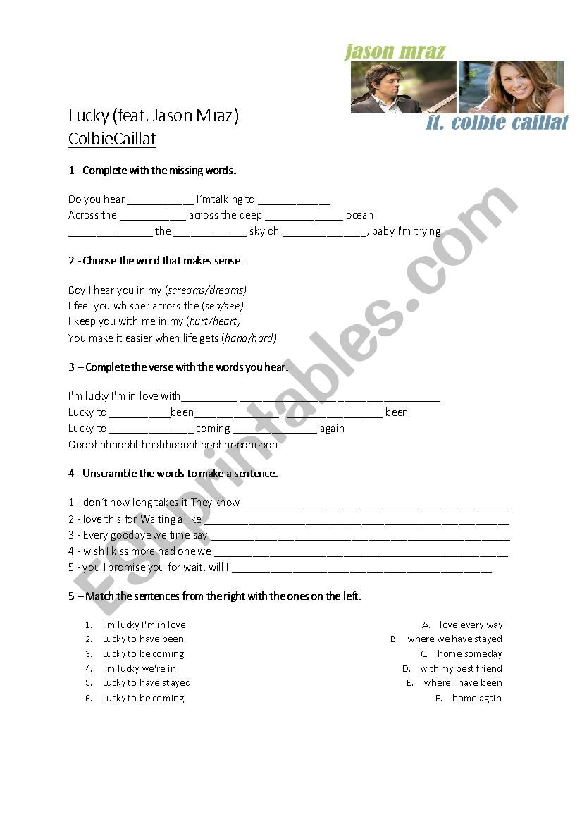 Song Lucky - Jason Mraz worksheet