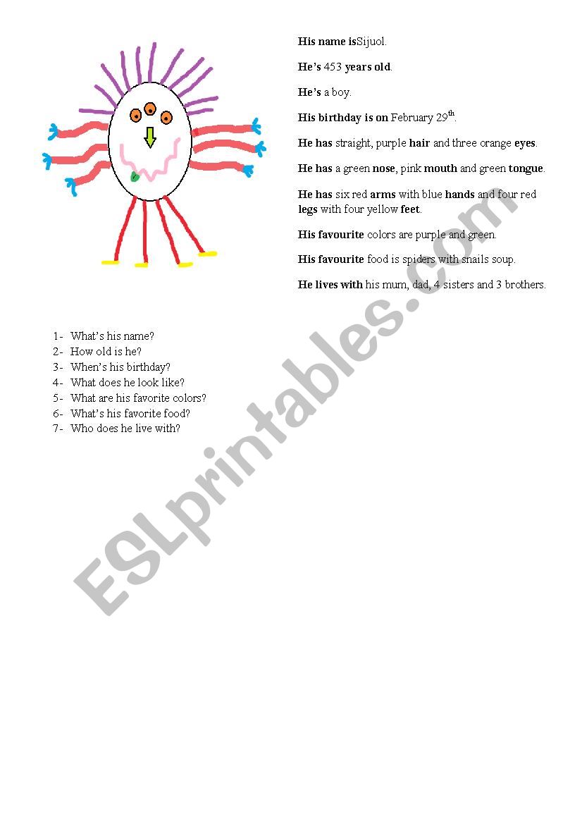 Reading comprehension Monster worksheet