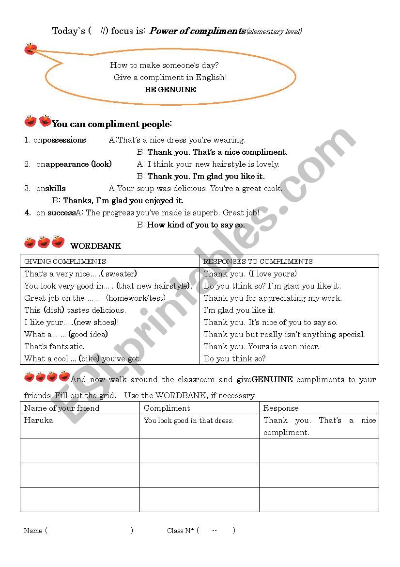 Power of compliments worksheet