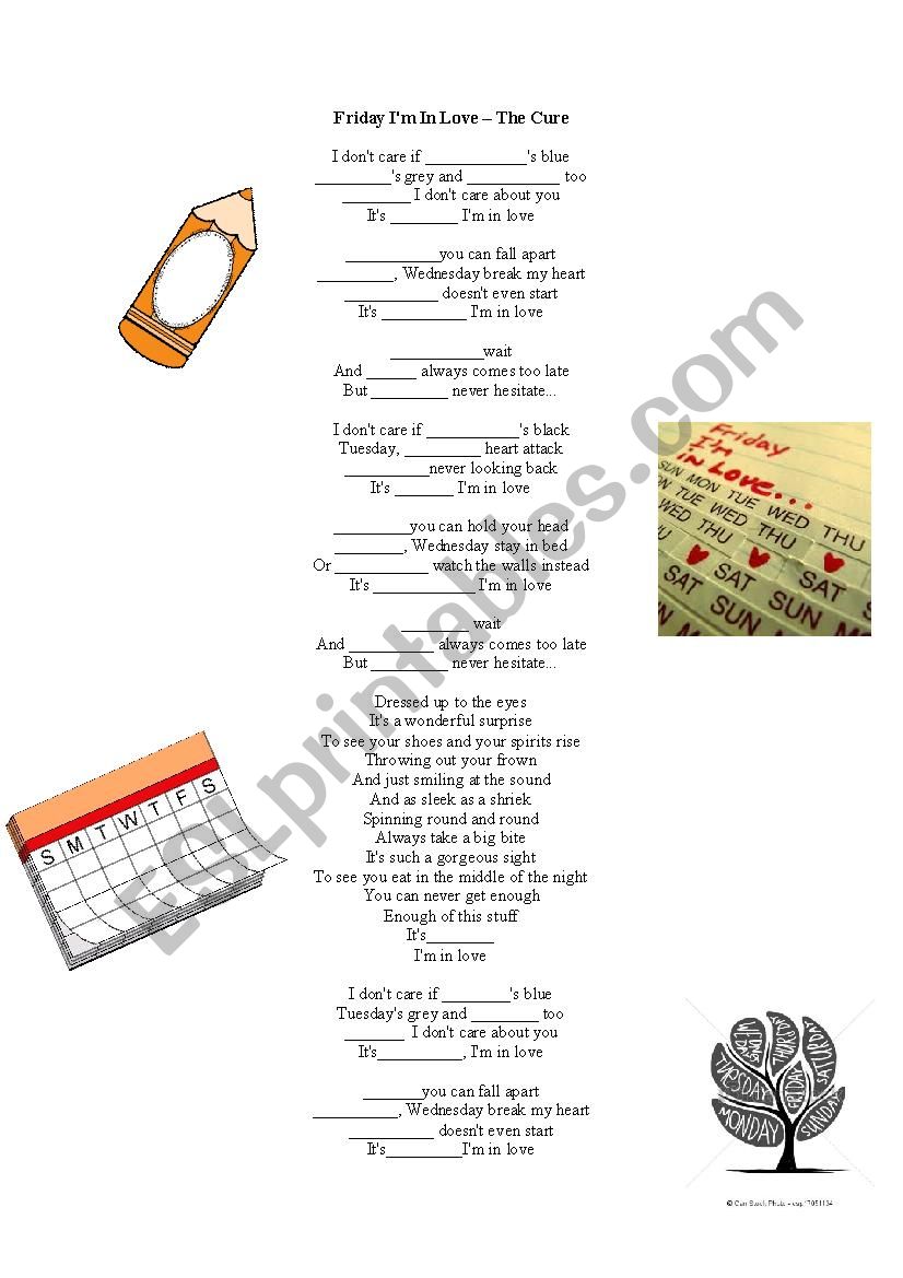 Song lyrics - Fill the gaps - Friday Im in love, The Cure - Days of the Week - Listening