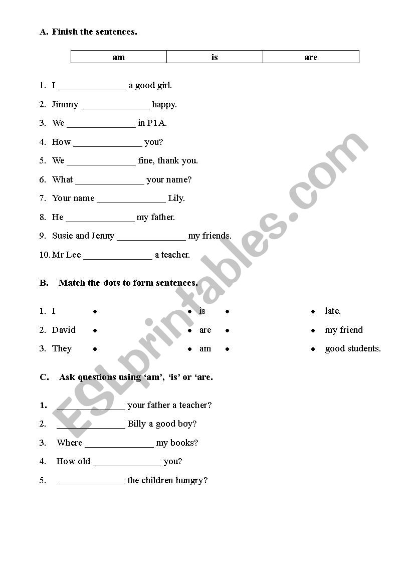 verb to be worksheet