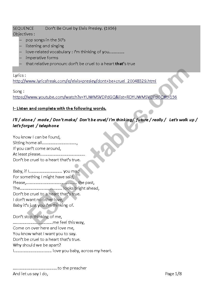 Don T Be Cruel By Elvis Presley Esl Worksheet By Aegurbide Don T Be Cruel By Elvis Presley Esl Worksheet By Aegurbide