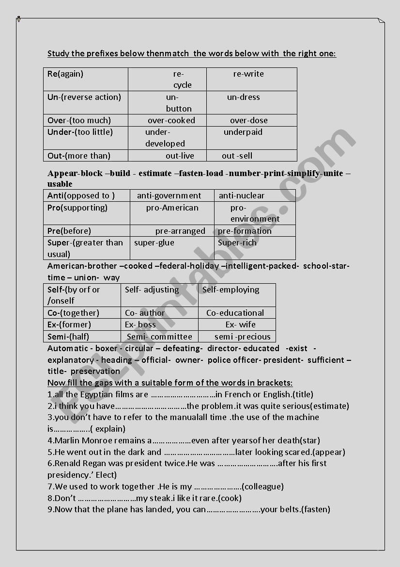 prefixes worksheet