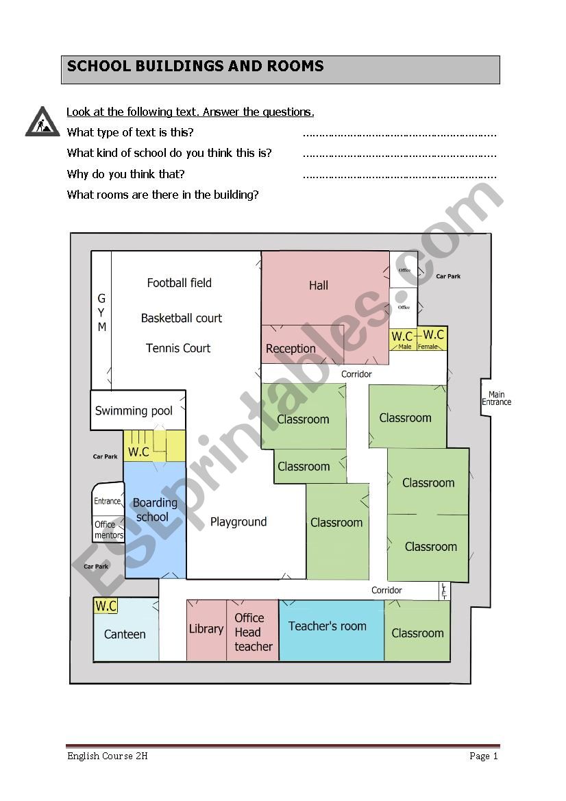 School buildings and rooms worksheet