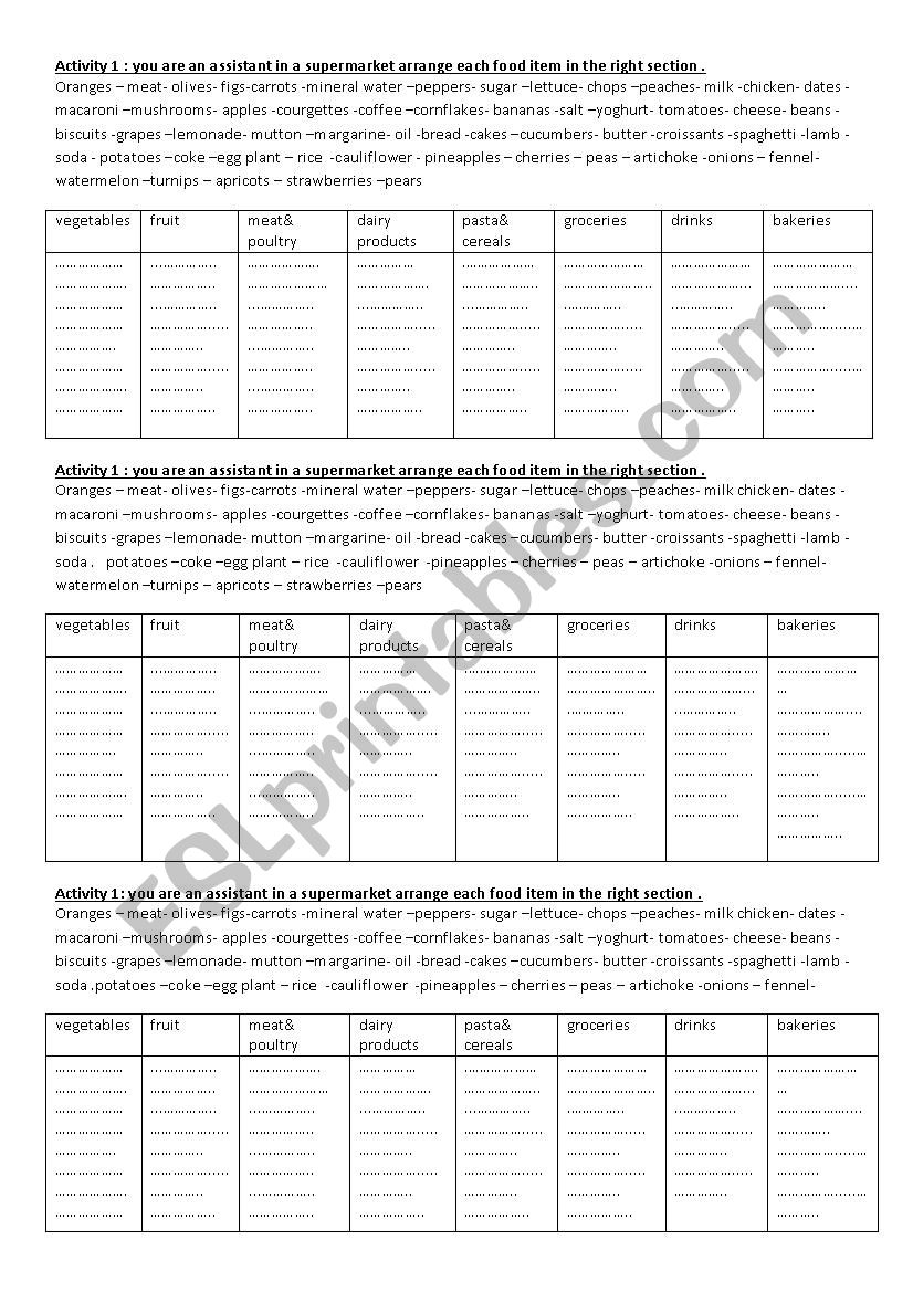 food  worksheet