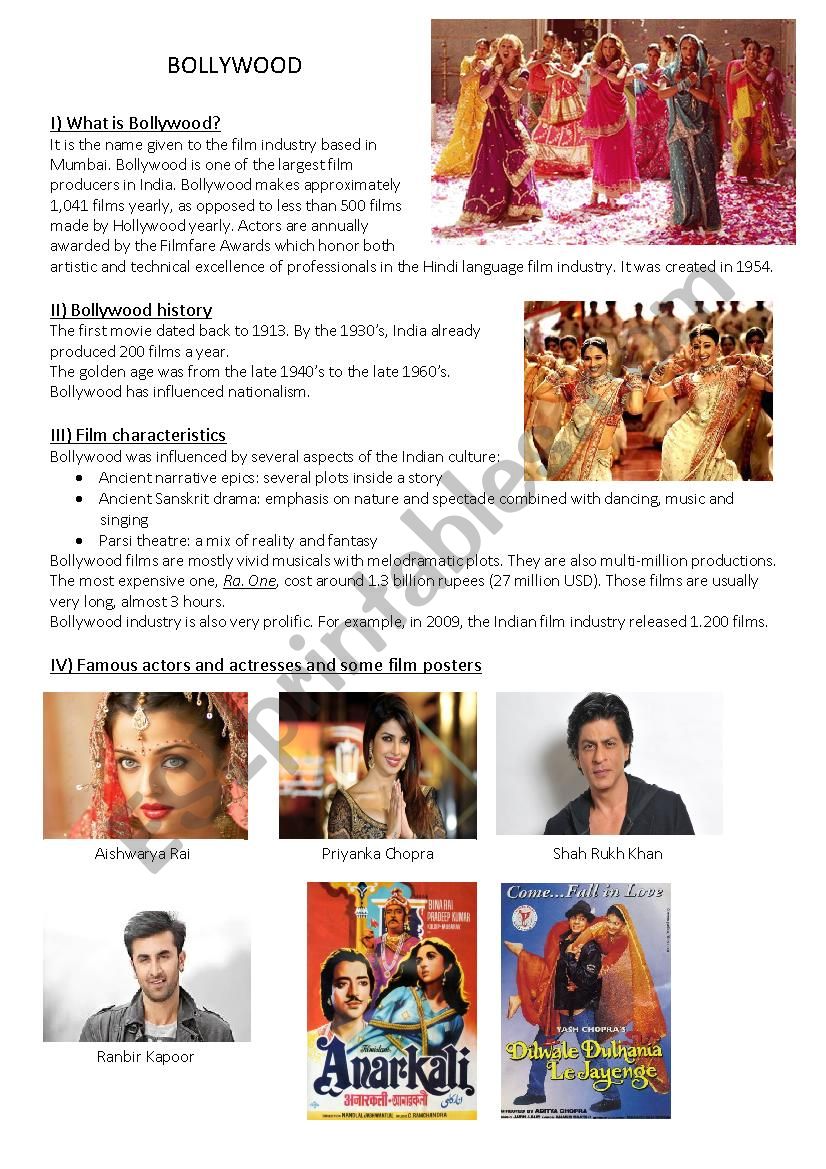 Bollywood worksheet