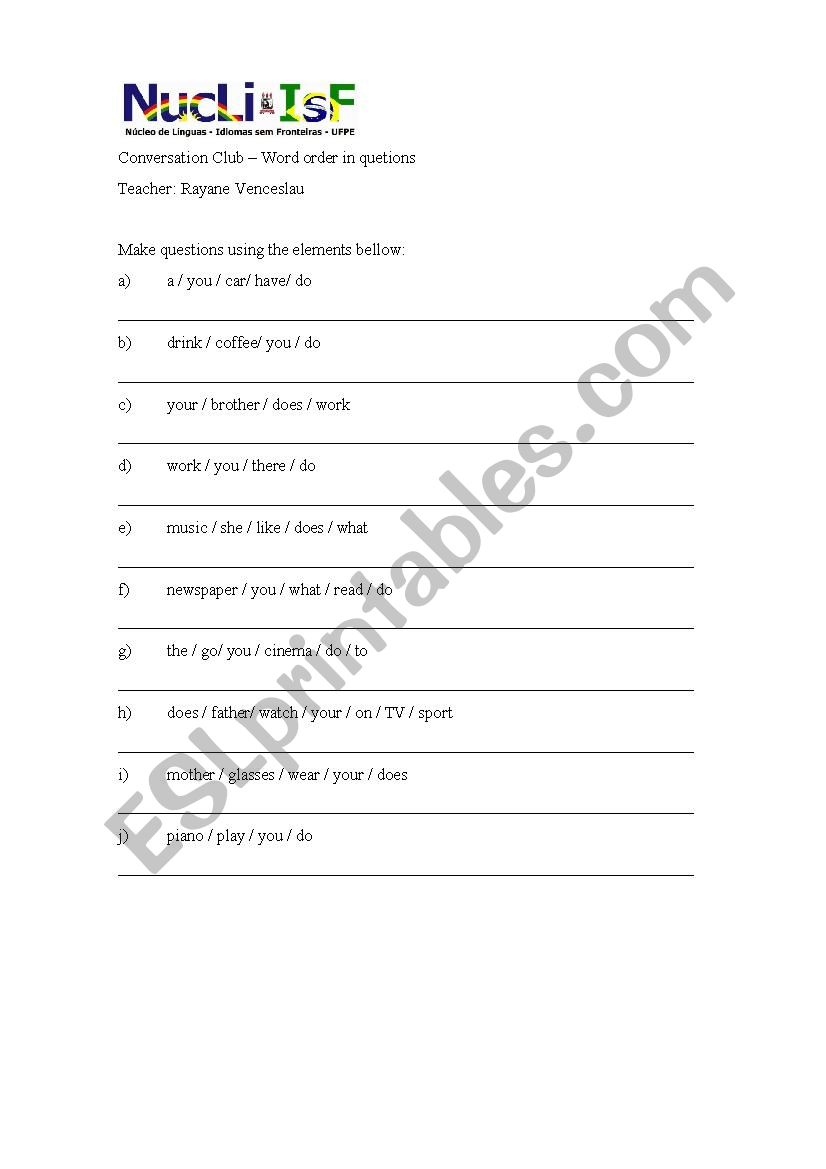 Word order in questions worksheet