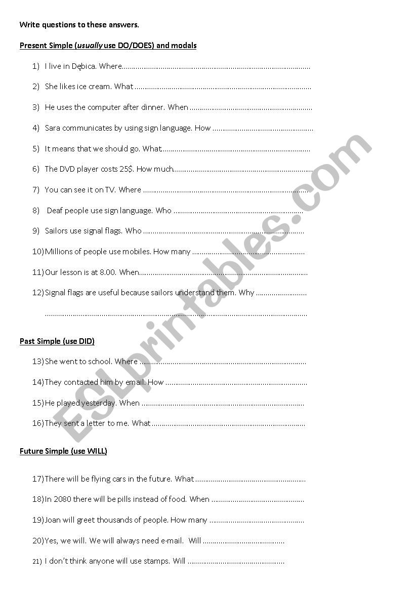 question formation  worksheet