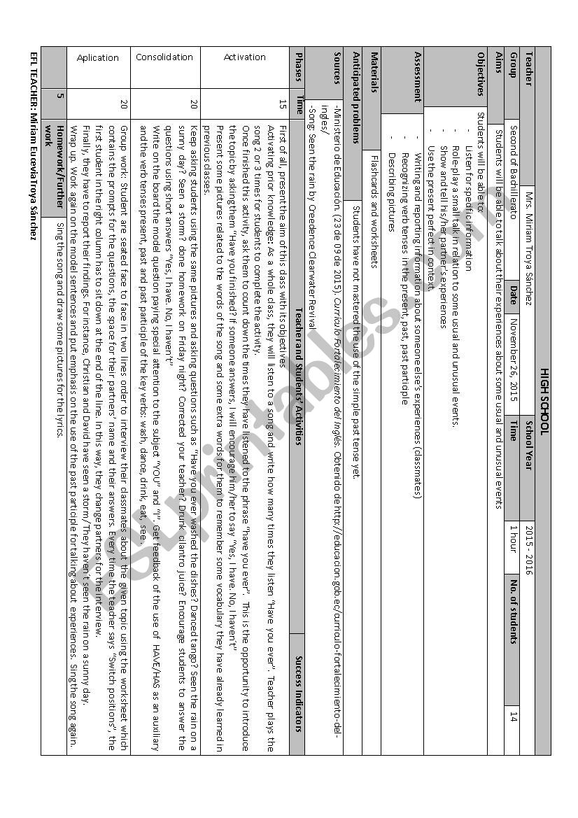 Present Perfect lesson plan worksheet