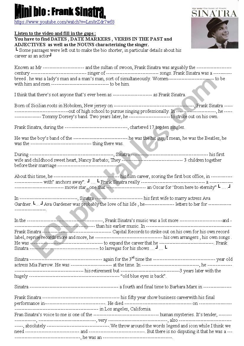 MINI BIO  : FRANK SINATRA worksheet