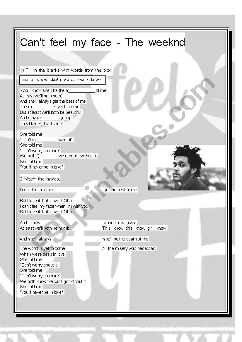Cant feel my face The Weeknd worksheet