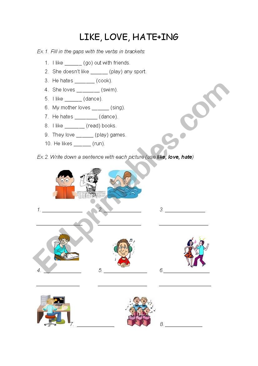 like, love hate + ing form worksheet