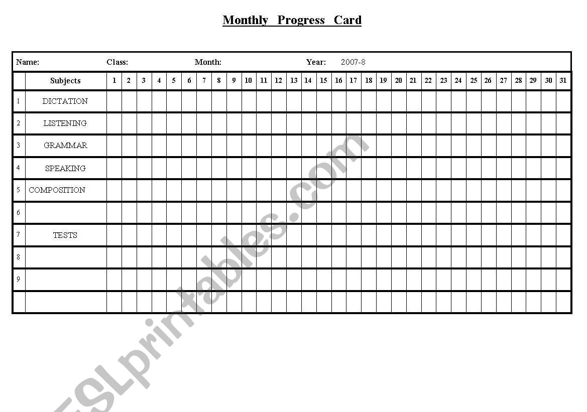 STUDENTS MONTHLY PROGRESS worksheet