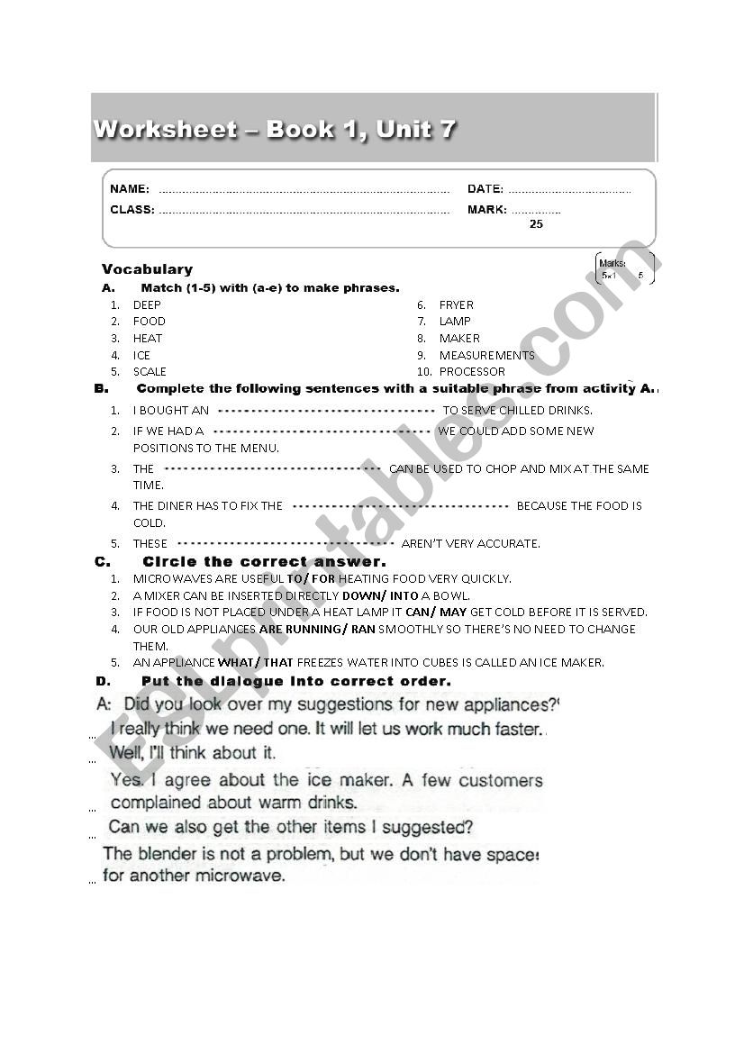 career paths cooking worksheet 1.7