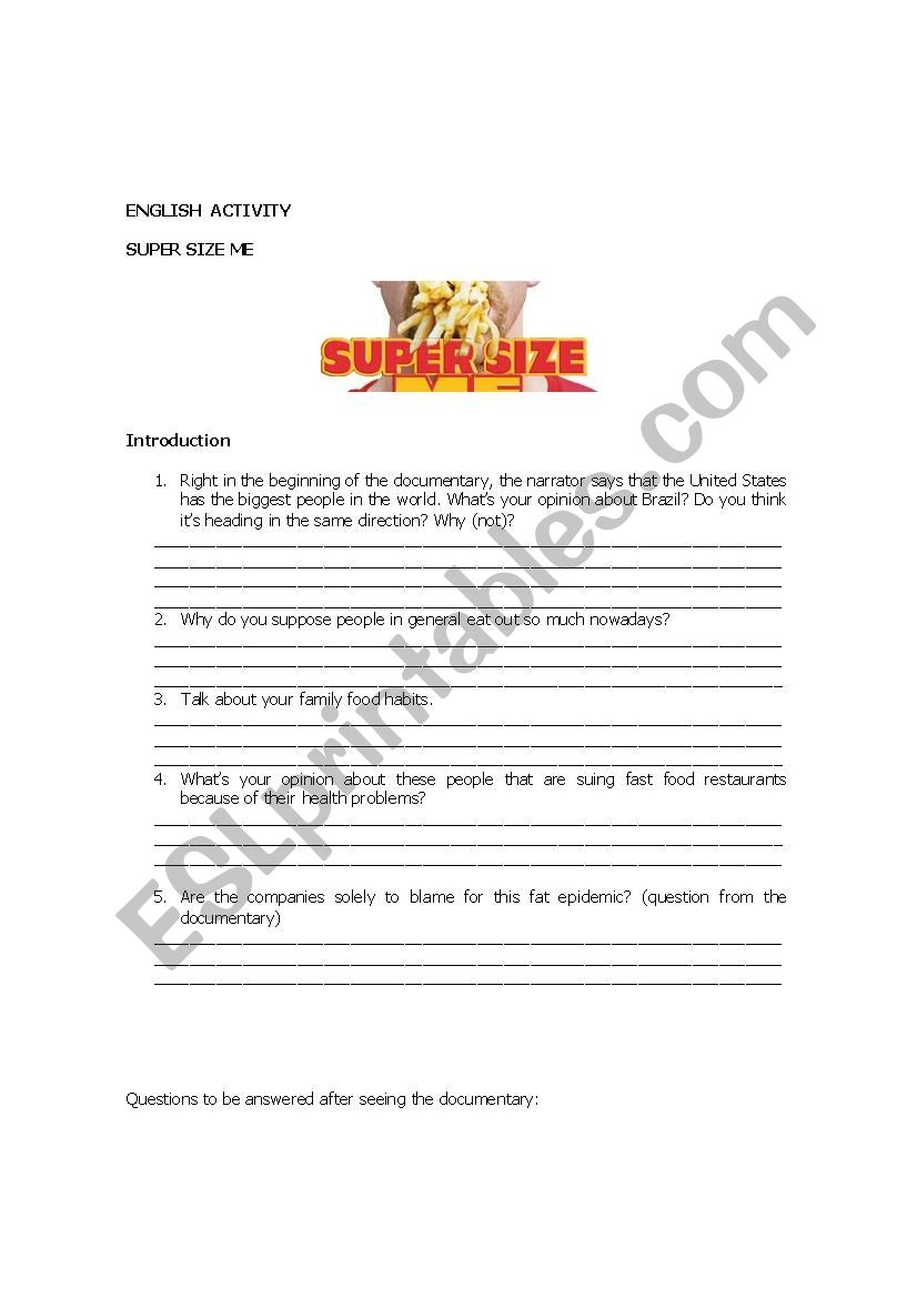 Super Size Me worksheet