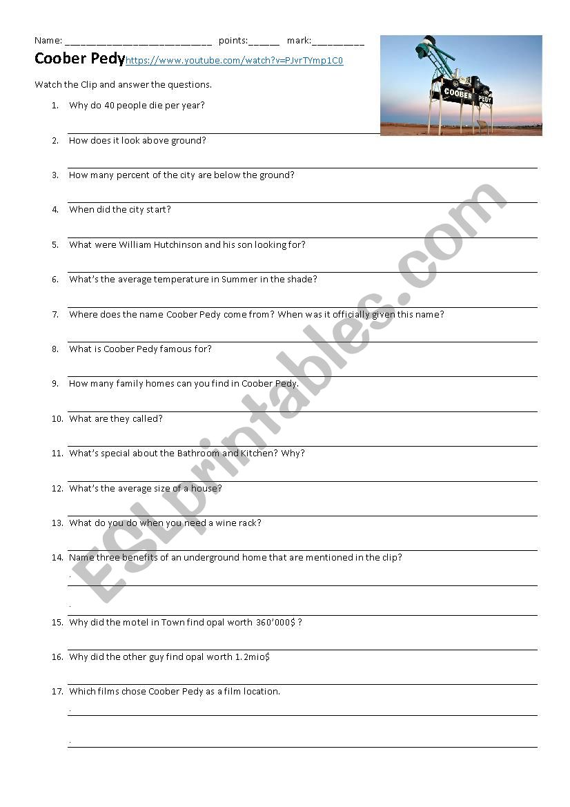 Coober Pedy  worksheet