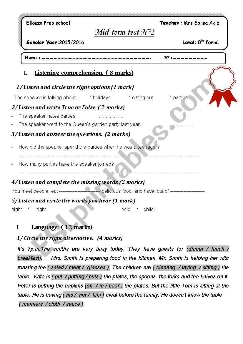 Mid-term test 2 8th form worksheet