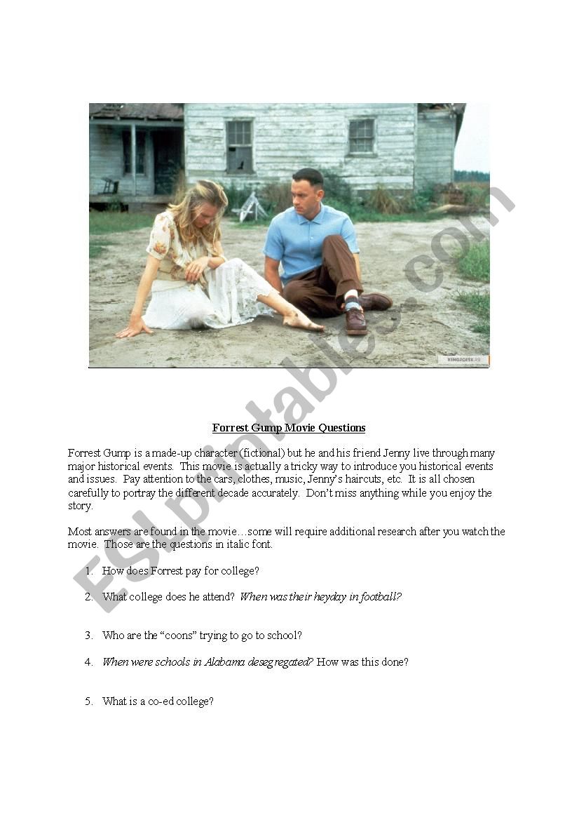 Forrest Gump Movie Questions worksheet