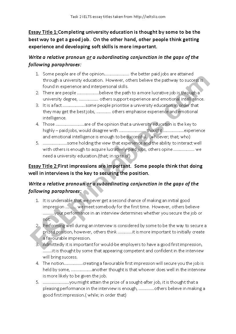 Paraphrasing of IELTS Task 2 Essay Titles (using relative pronouns and subordinators)