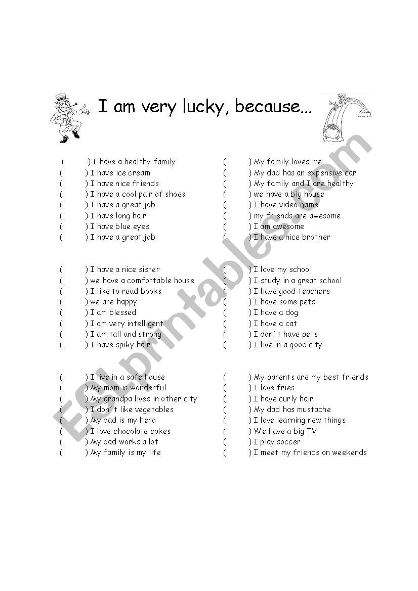i am lucky, because... worksheet
