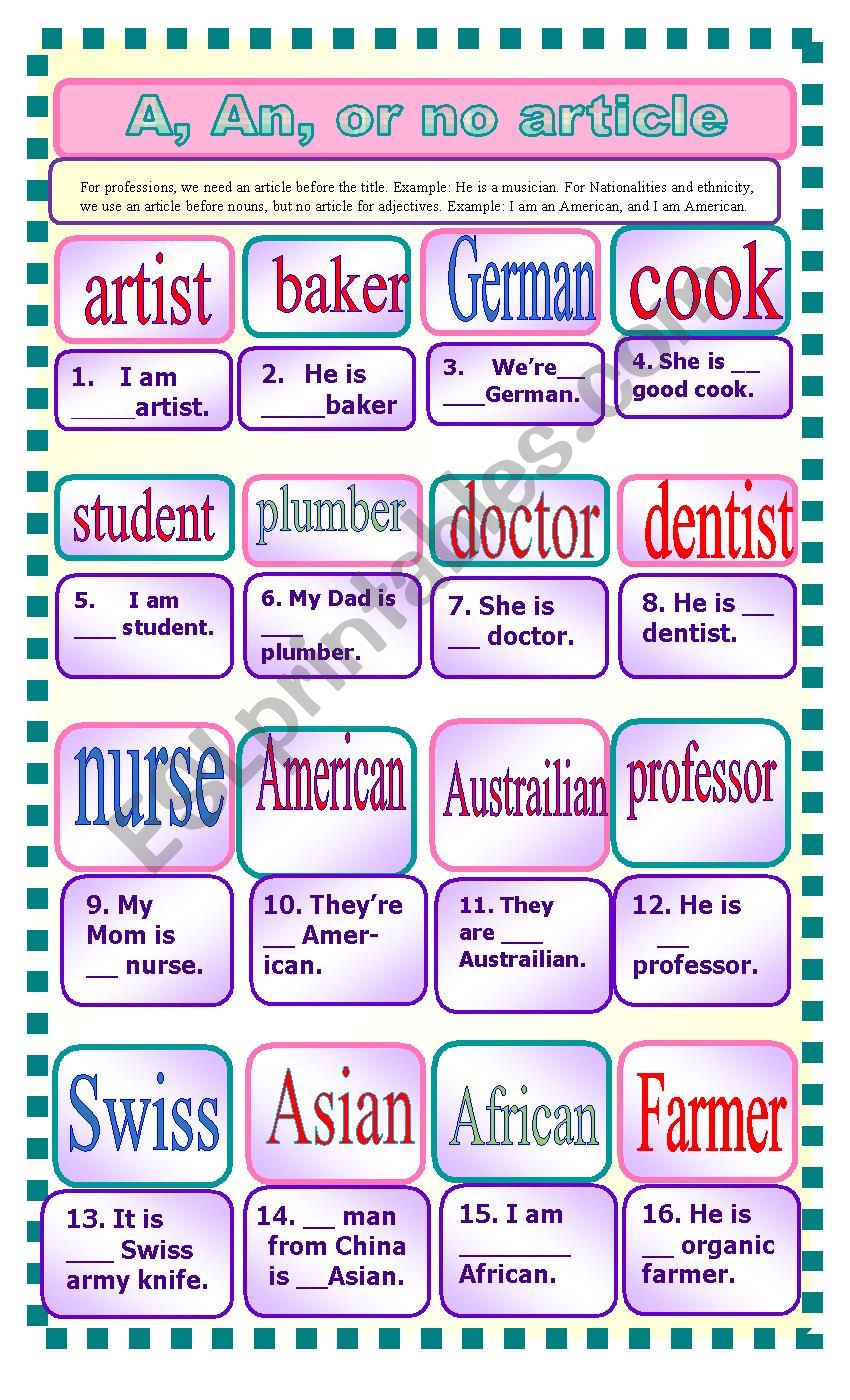 A, An, or no article--(Practice using indefinite articles)