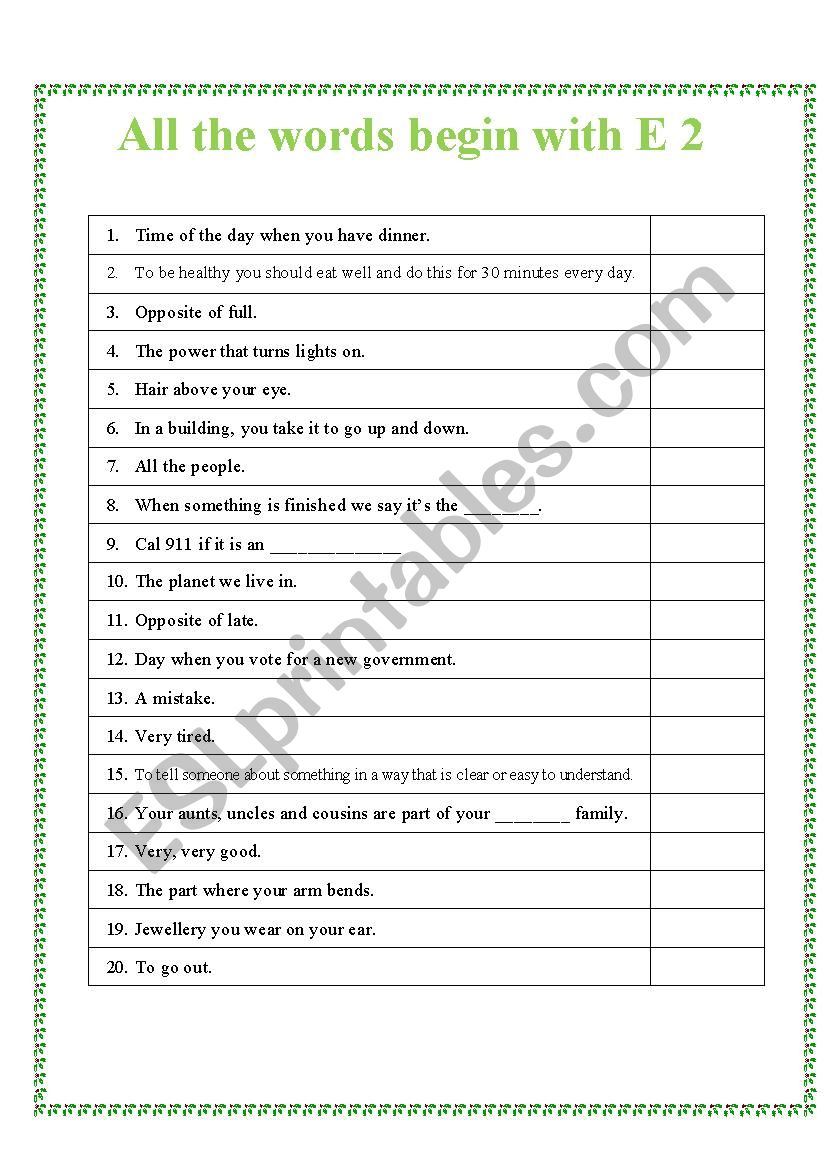 All words start with E 2 worksheet