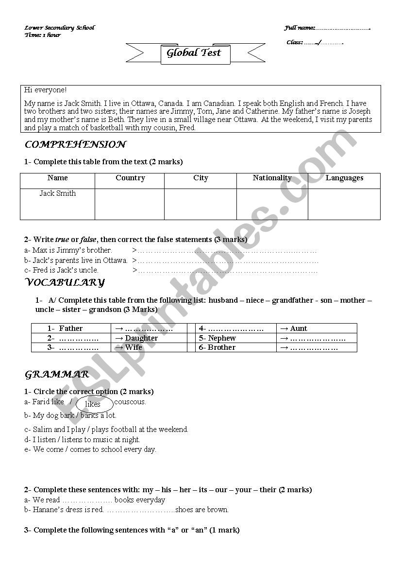 Global Test for Beginners worksheet