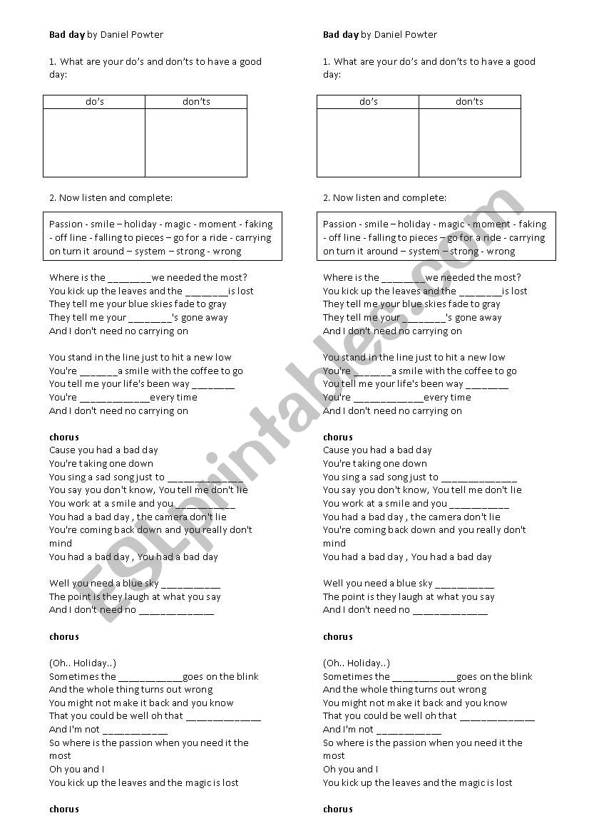 Bad day by Daniel Powter worksheet