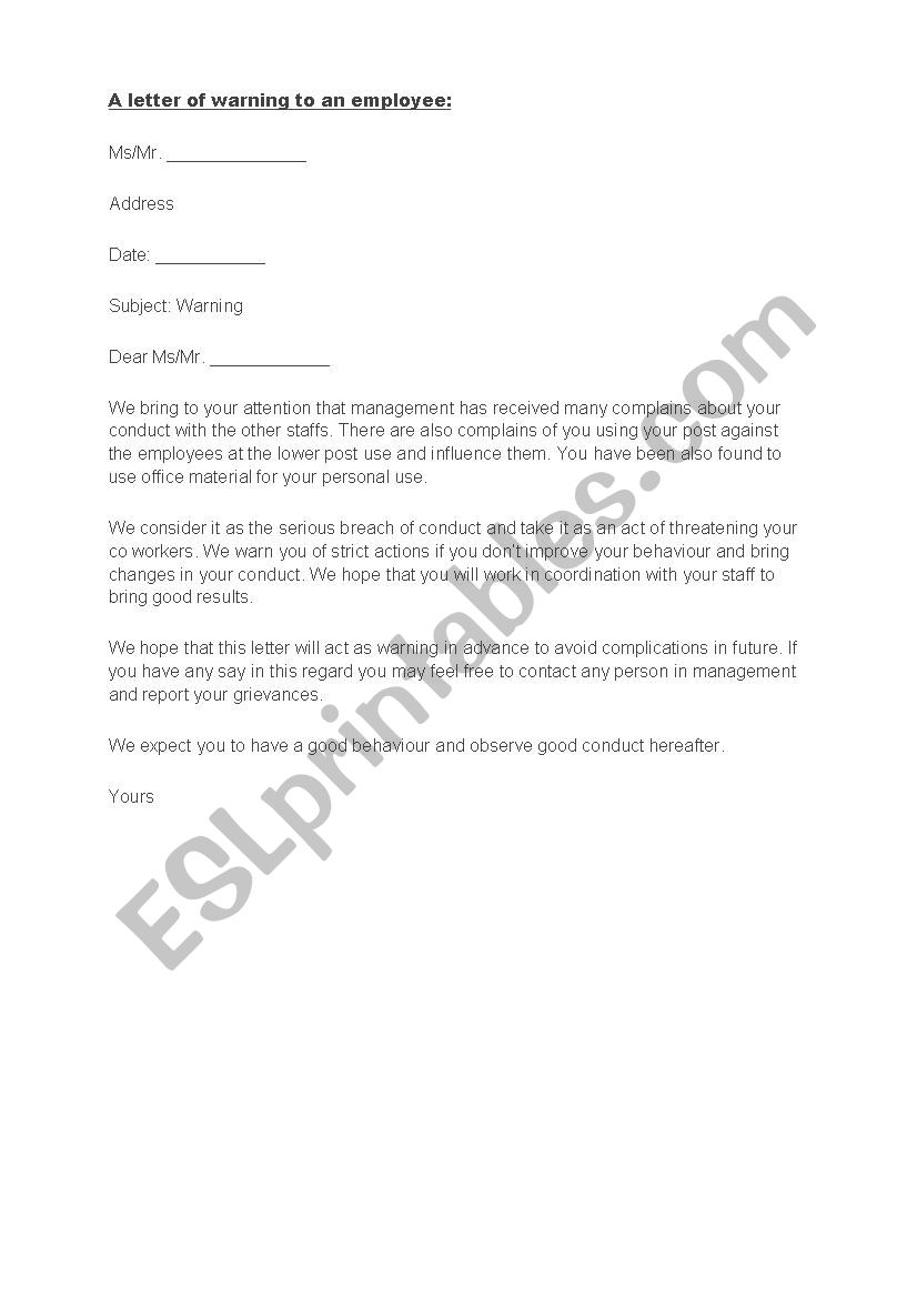 A LETTER of warning worksheet