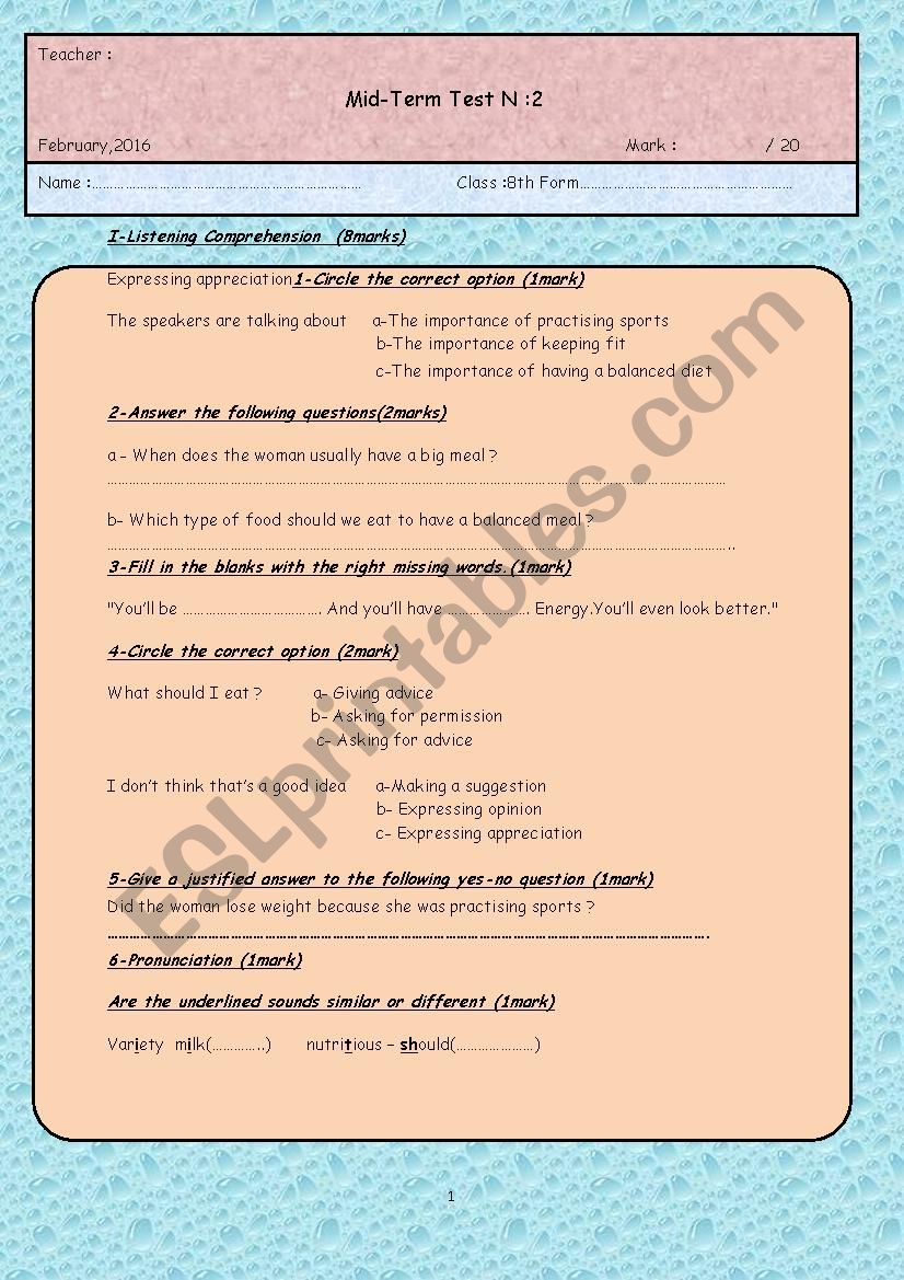 mid term2 test for 8th formers (tunisian)