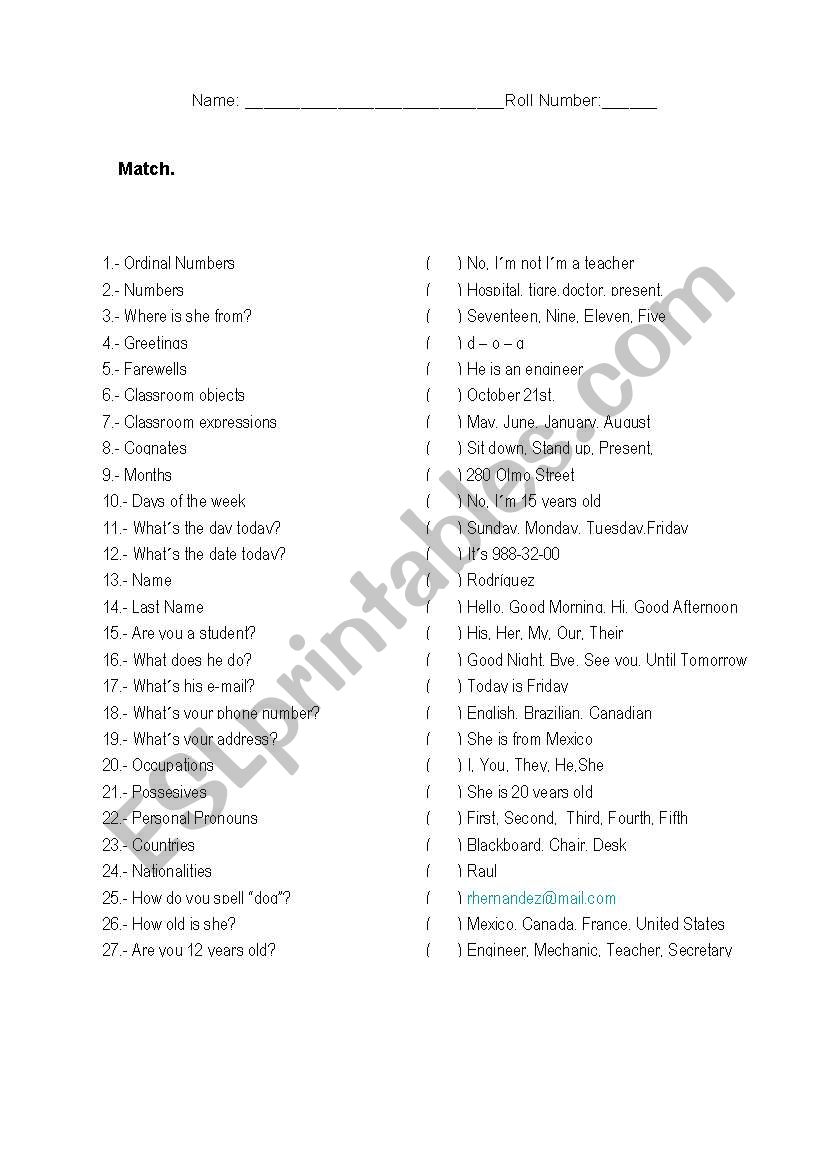 Match Basic Vocabularies worksheet