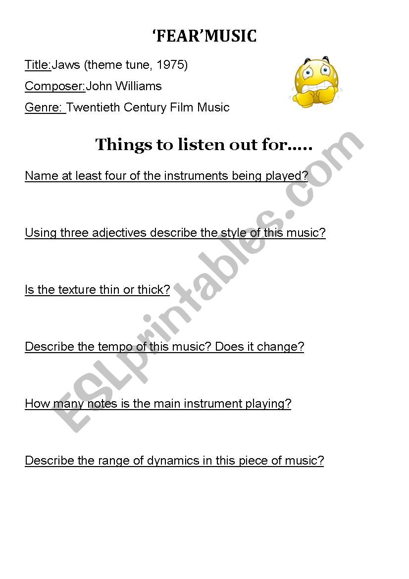 Fear Music Jaws Listening Worksheet