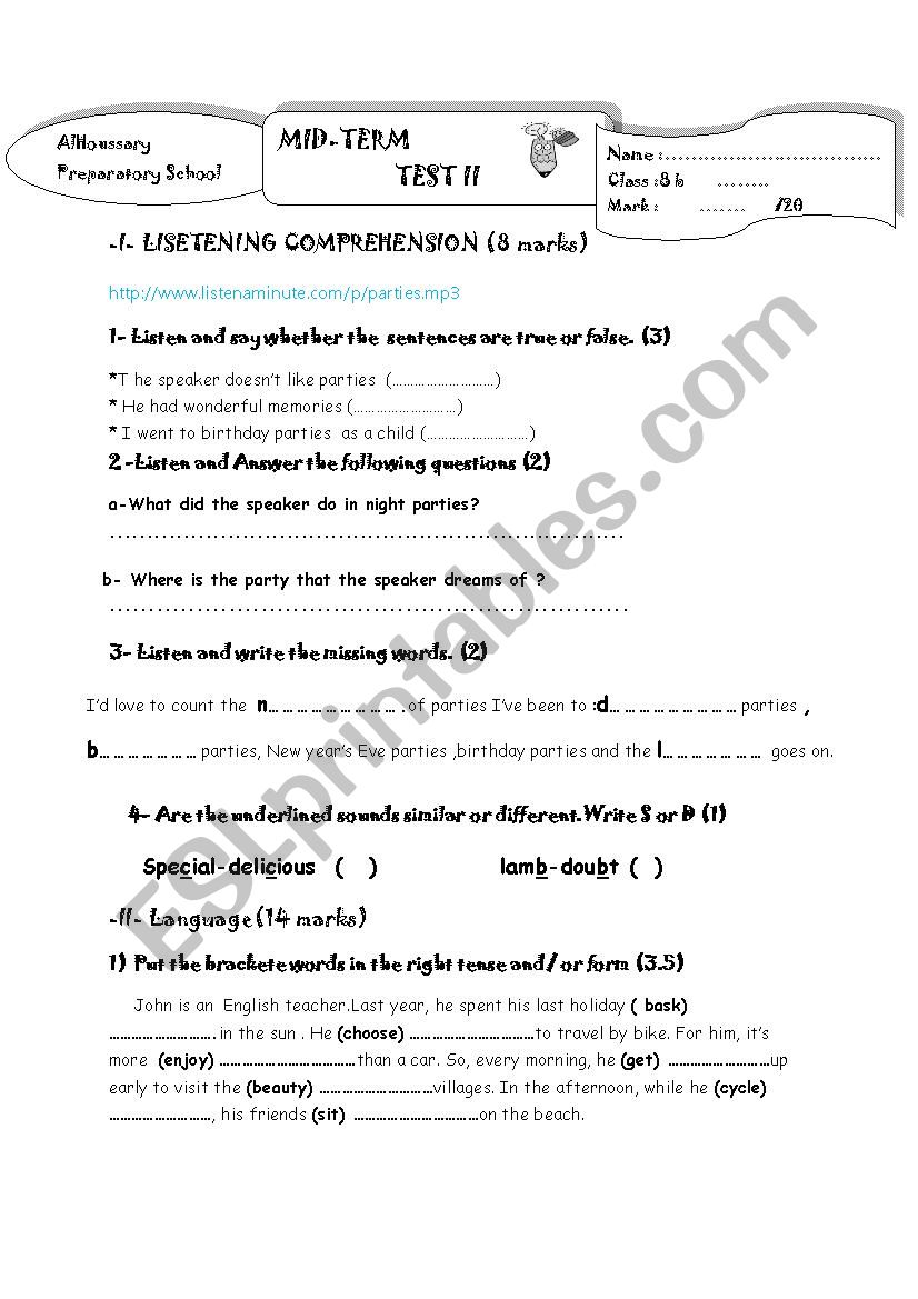 mid term test 8th form worksheet