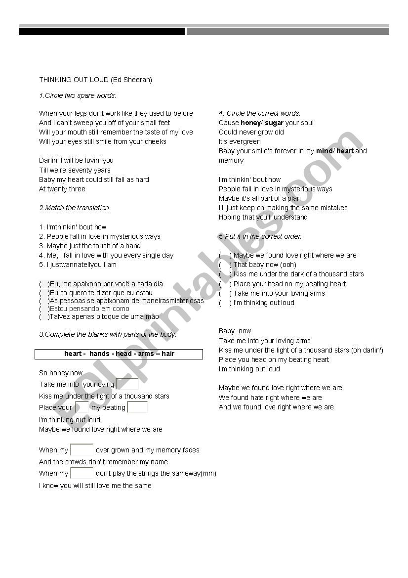 Thinking out loud worksheet