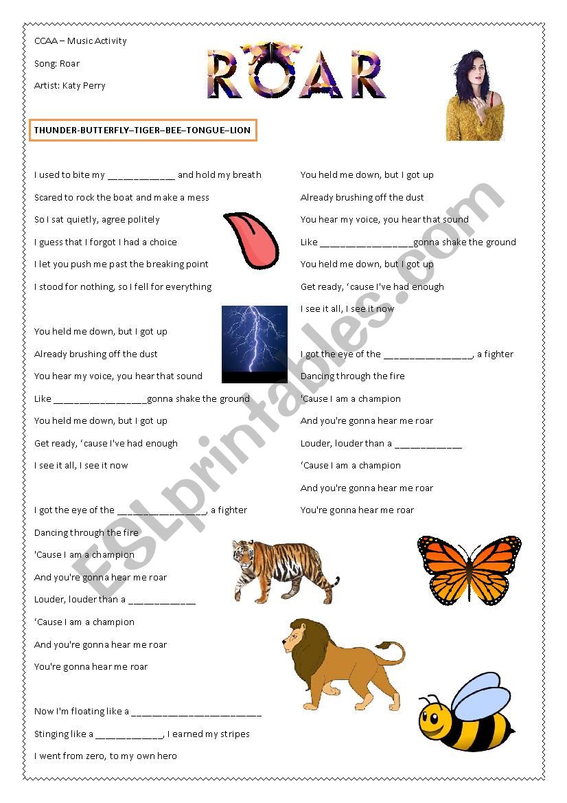 Song Roar Katy Perry - vocabulary practice - ESL worksheet by caiomachado