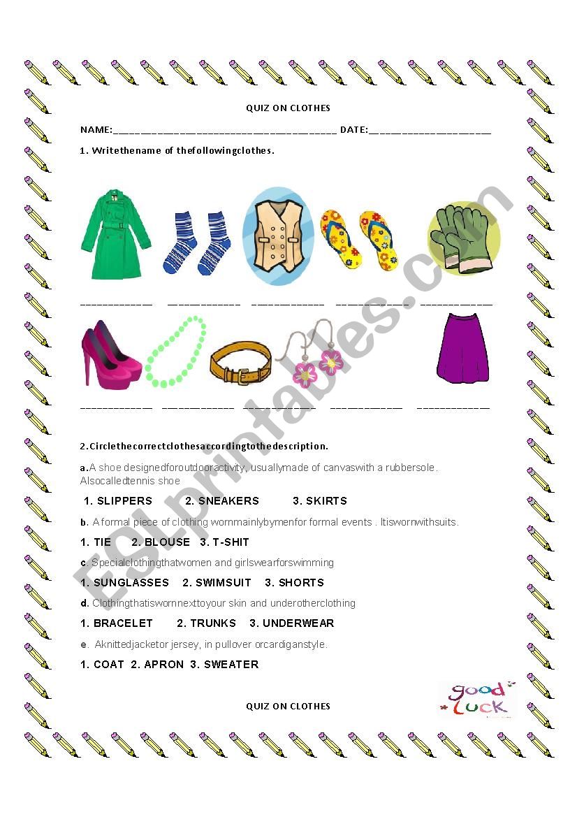QUIZ ON CLOTHES worksheet
