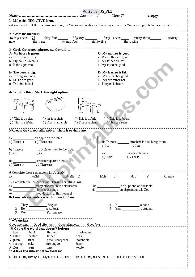 Activity with text worksheet