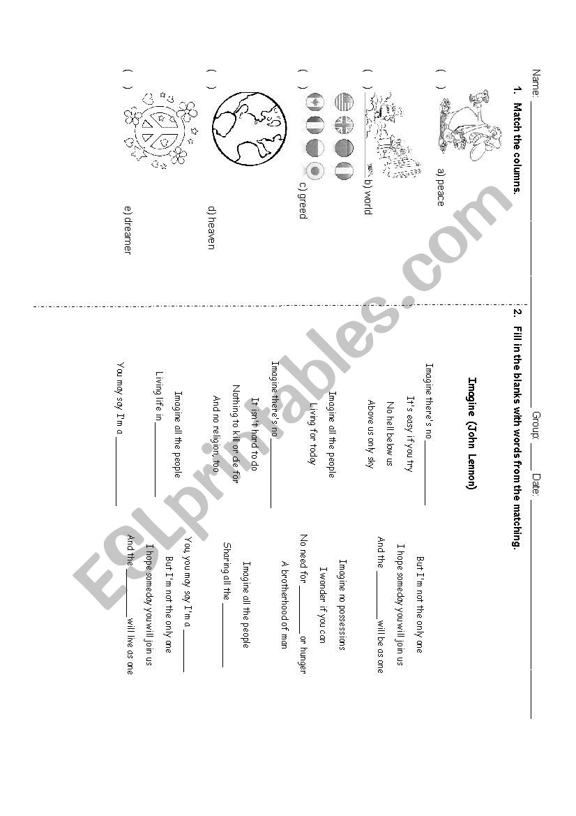 Imagine song worksheet